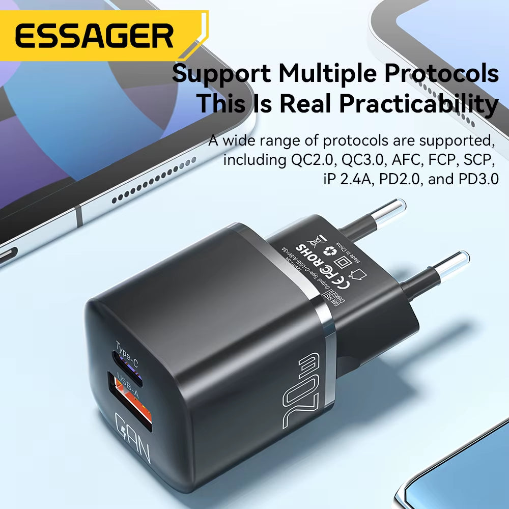 Essager 20W Gan PD USB C Ladegerät Für Iphone 14 13 12 11 Pro Max Telefon QC 3.0 PD 3.0 USB Typ C Schnellladung Für Xiaomi Pocopad