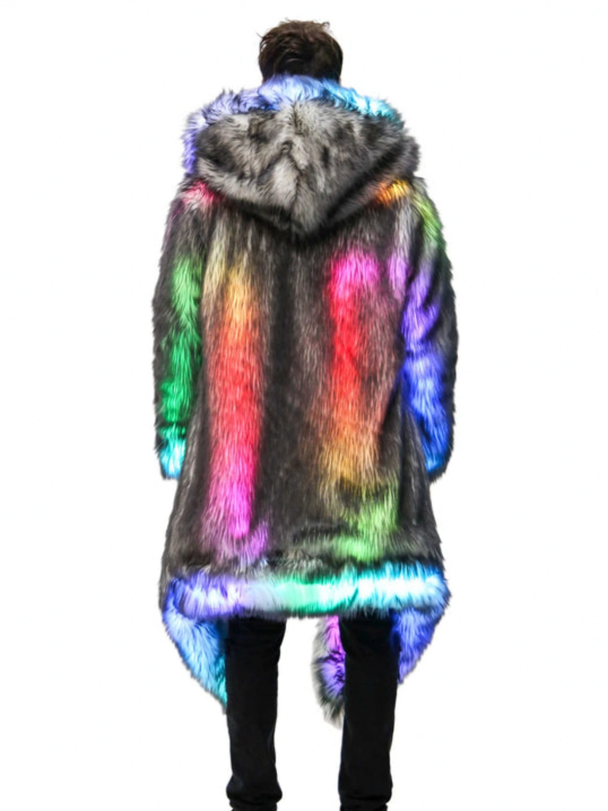 New LED Faux Fur Coat for Men Hooded Comfortable Thickened Winter Coat  Multi-Scene Personalized LED Stage Dance Party Costume